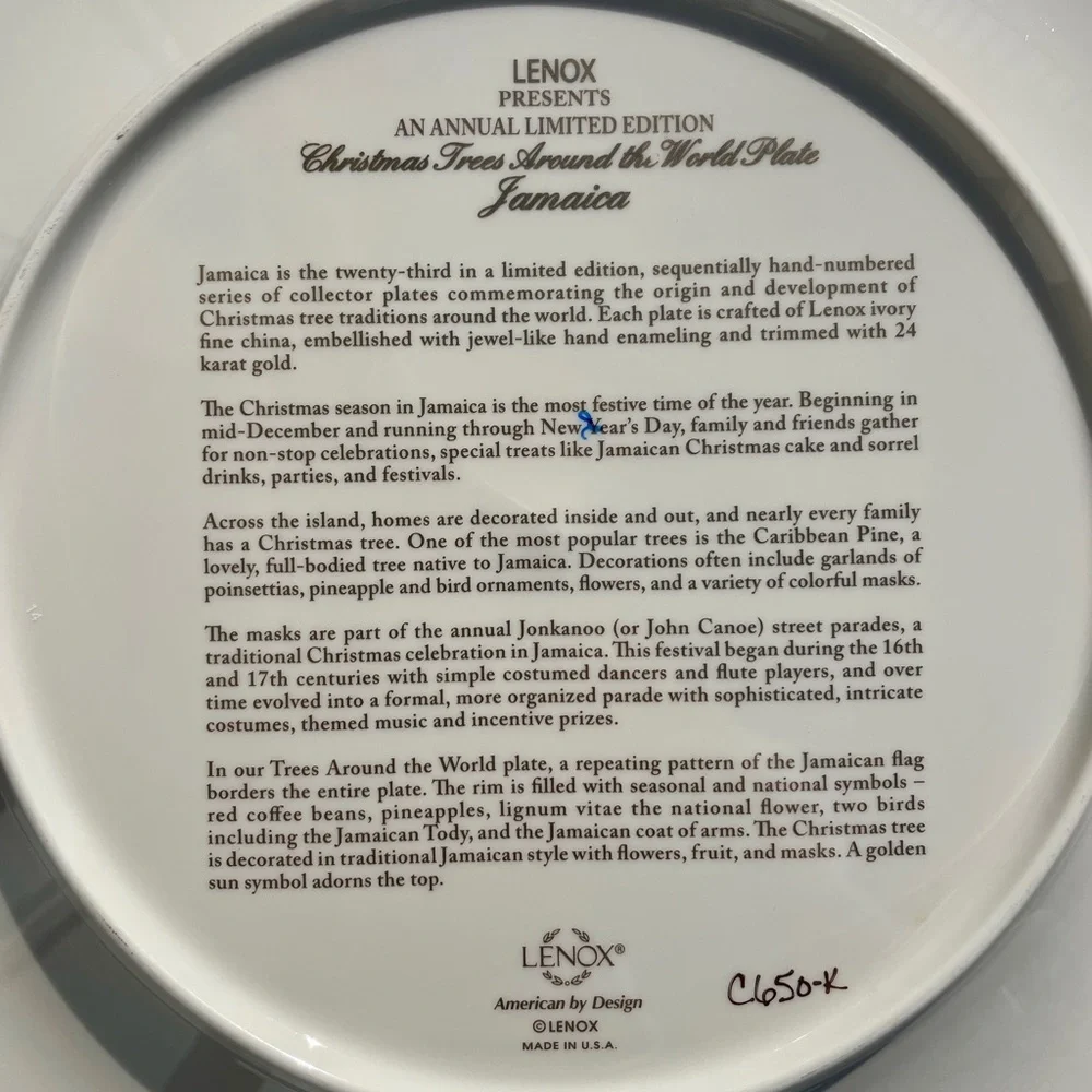 2013 Jamaica Lenox Christmas Trees Around The World Collectible Decorative Plate
